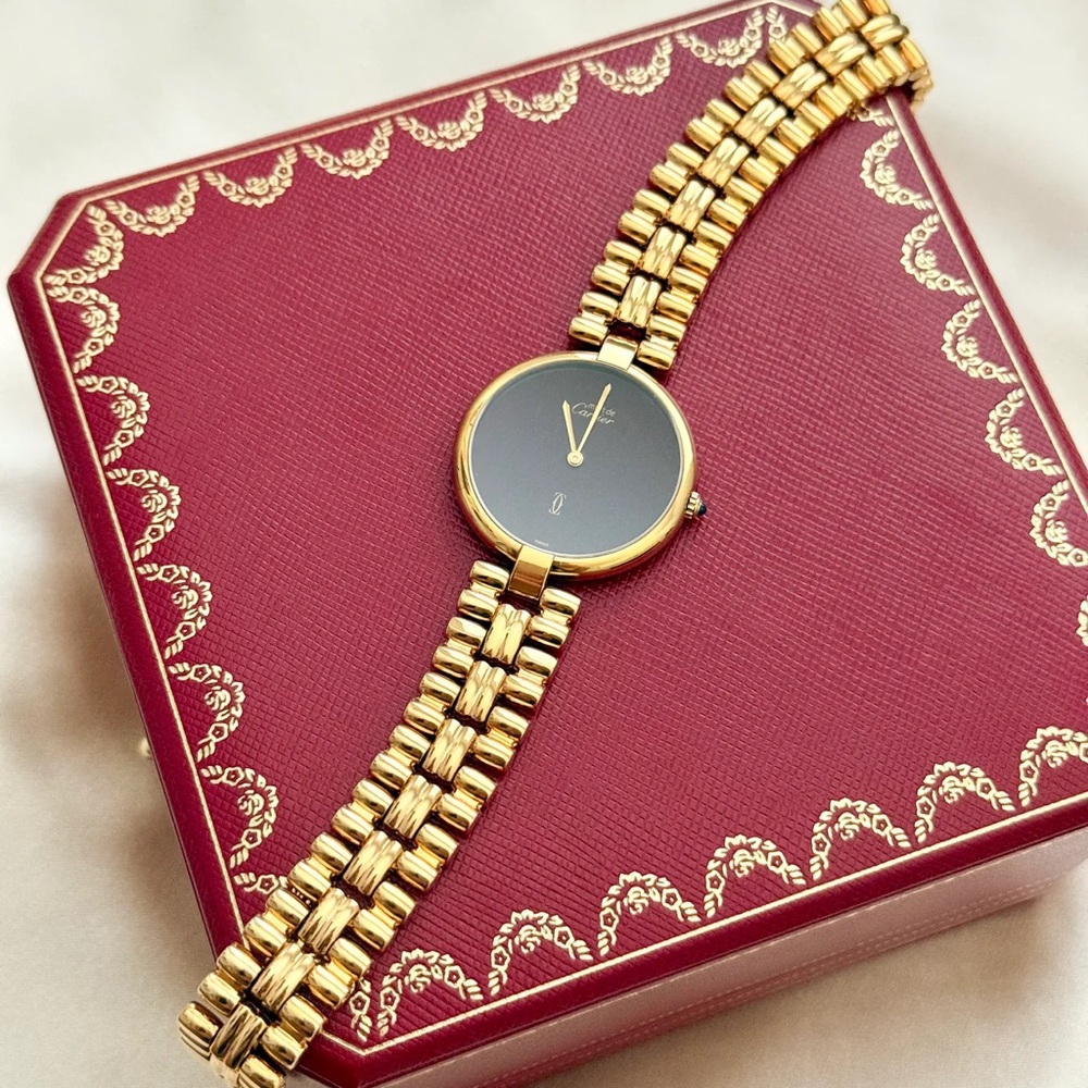 AUTHENTIC VINTAGE CARTIER VENDOME GOLD WATCH - BURGUNDY DIAL - WITH BOX - Picture 1 of 8